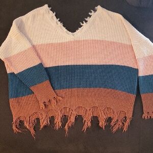 Rue21 V-Neck Fringed Sweater in Cream, Blue, and Brown